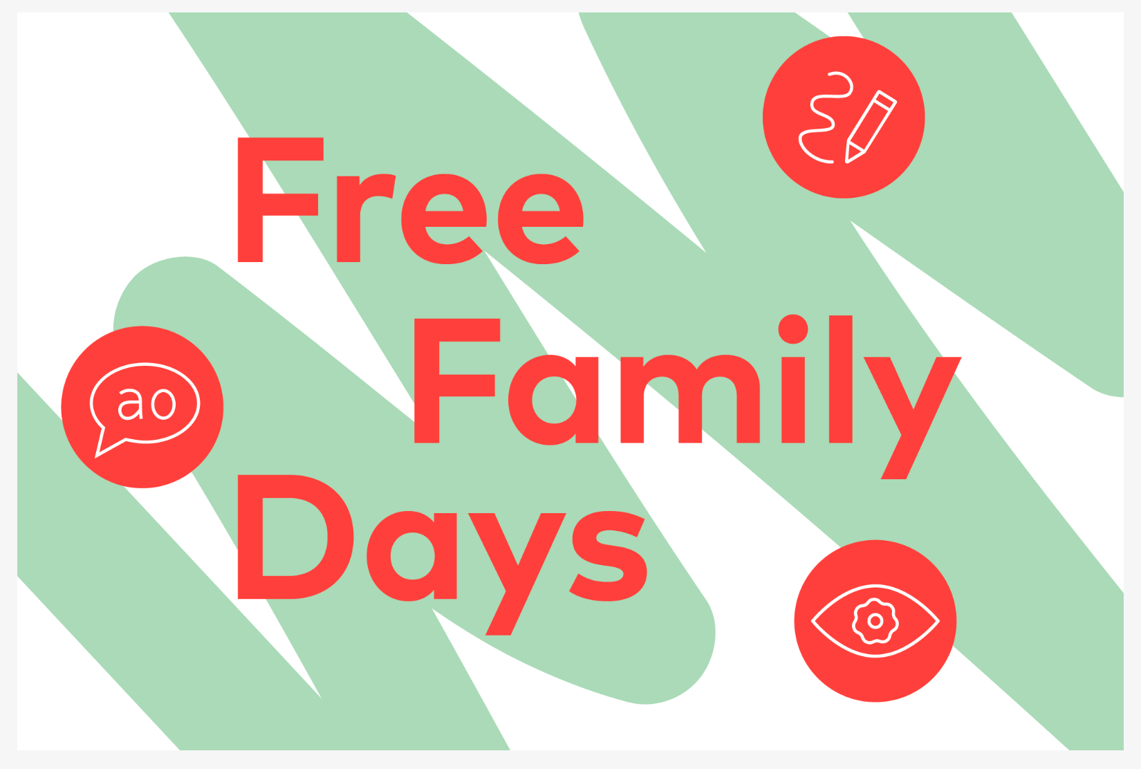 a promotional graphic with the words "free family day" in bright orange font against a scribbled mint green background